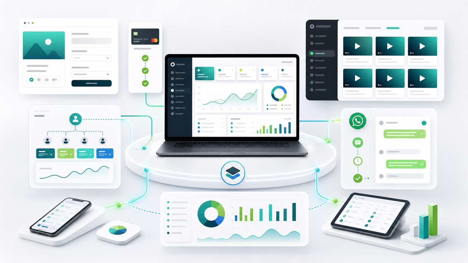 Visual de plataforma com checkout, relatórios, área de membros e automações conectadas.